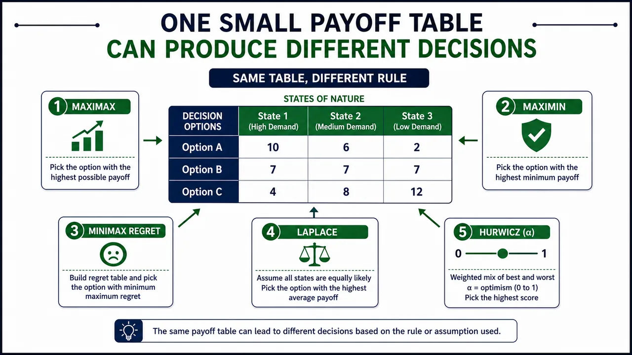 One payoff table producing maximax maximin minimax regret laplace and hurwicz decisions