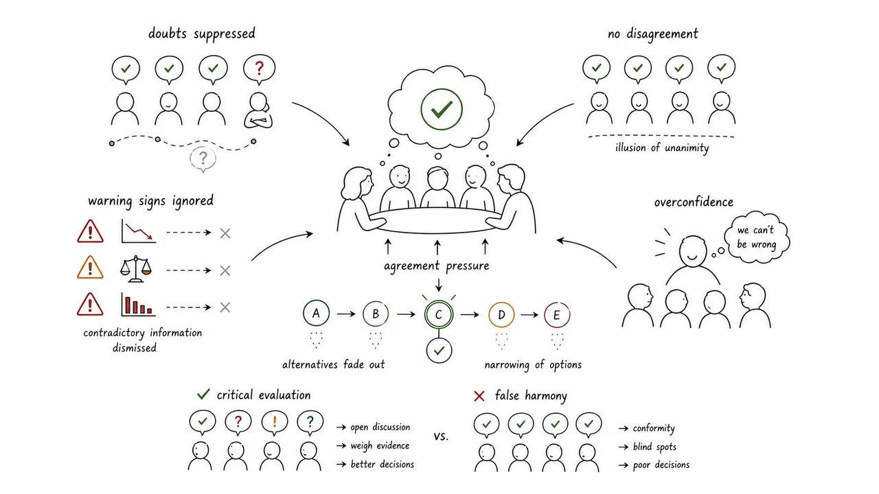 Groupthink shown as pressure toward false agreement