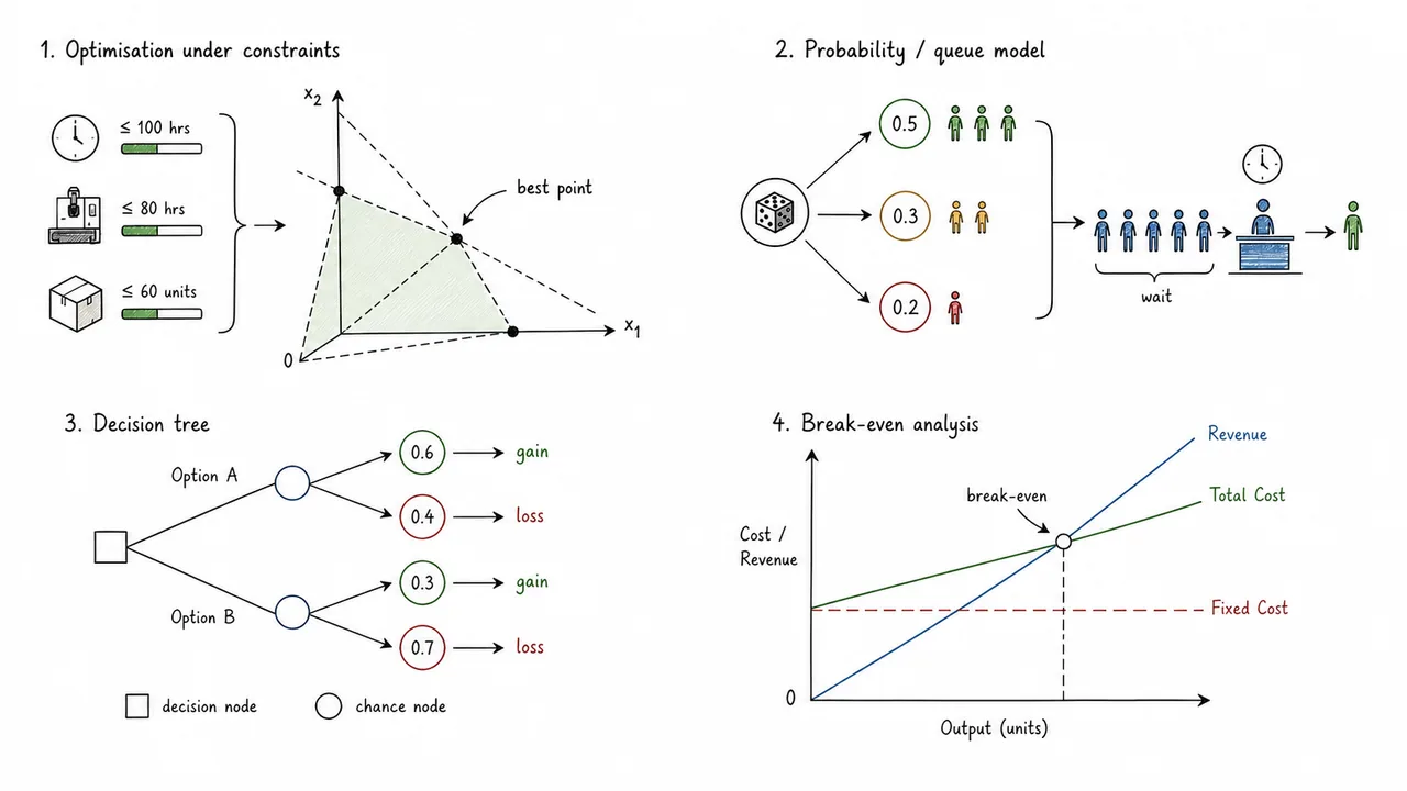 Study illustration comparing optimisation, probability and queue analysis, decision tree, and break-even in decision making