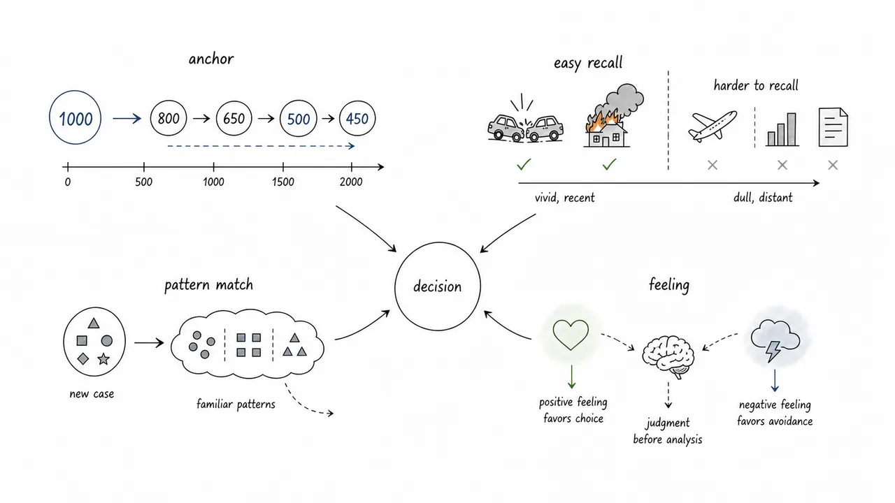 Study illustration showing anchoring, availability, representativeness, and affect heuristic influencing a central decision