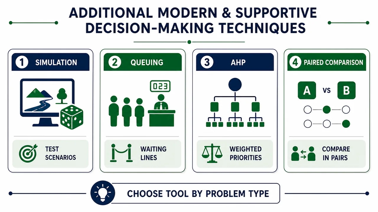 Additional modern and supportive decision-making techniques including simulation queuing AHP and paired comparison