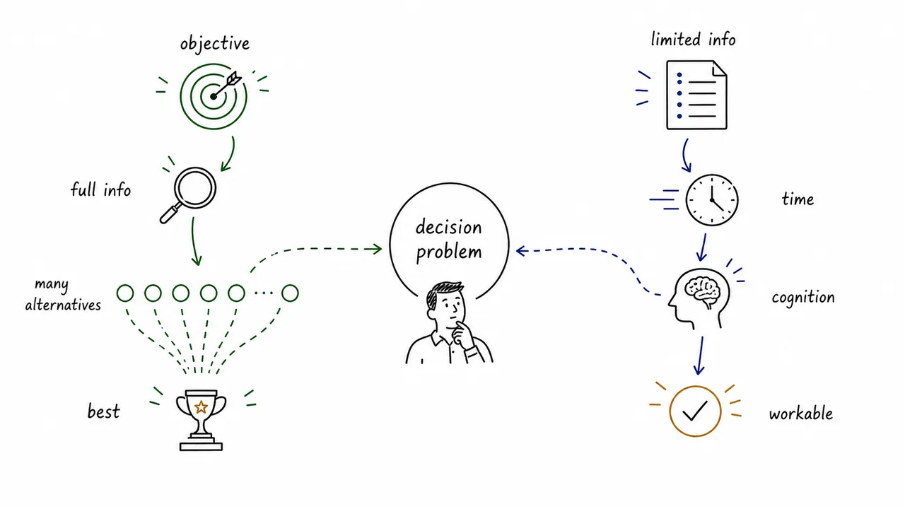 Study illustration contrasting ideal rational decision making with bounded rationality under limits of information, time, and cognition