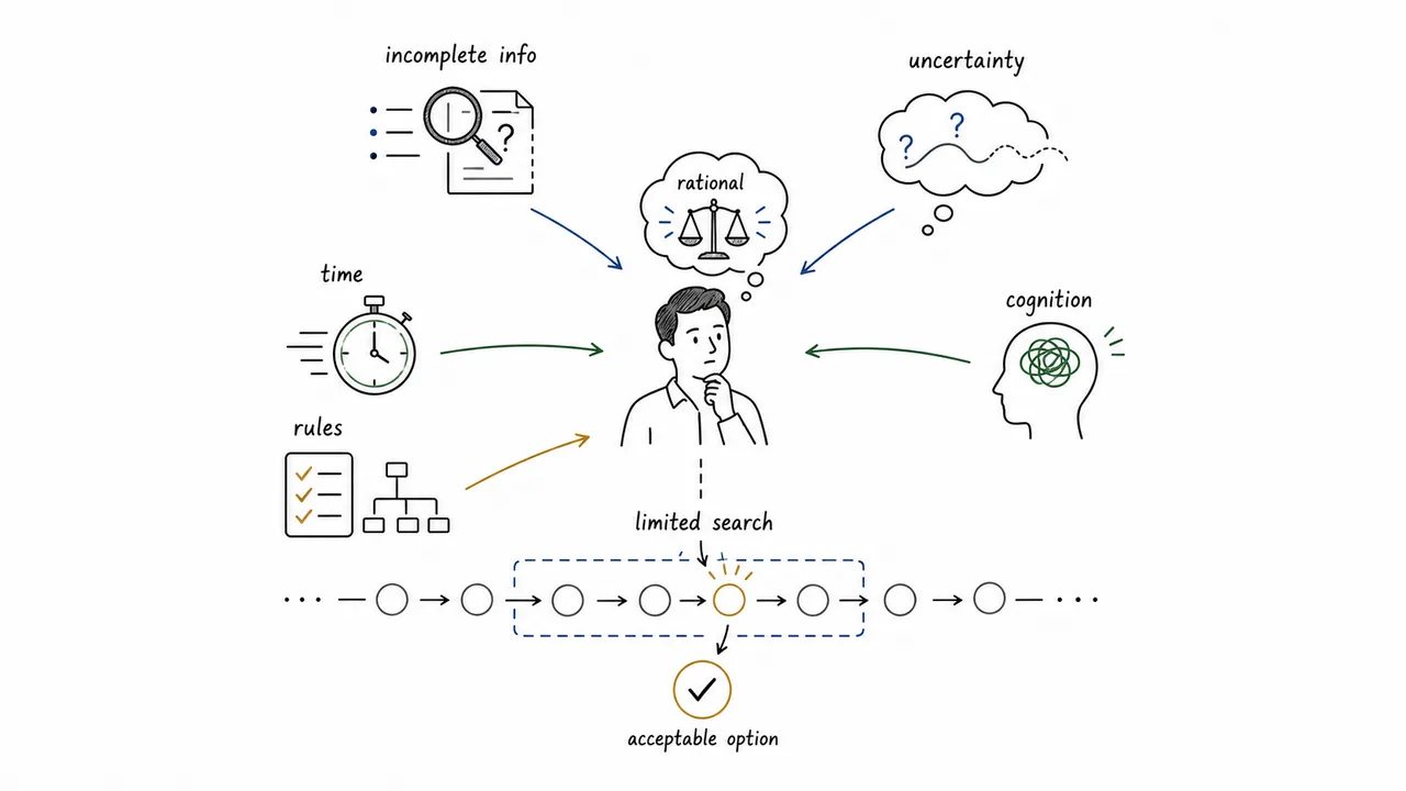 Study illustration showing how incomplete information, uncertainty, time, cognition, and rules limit rational decision making