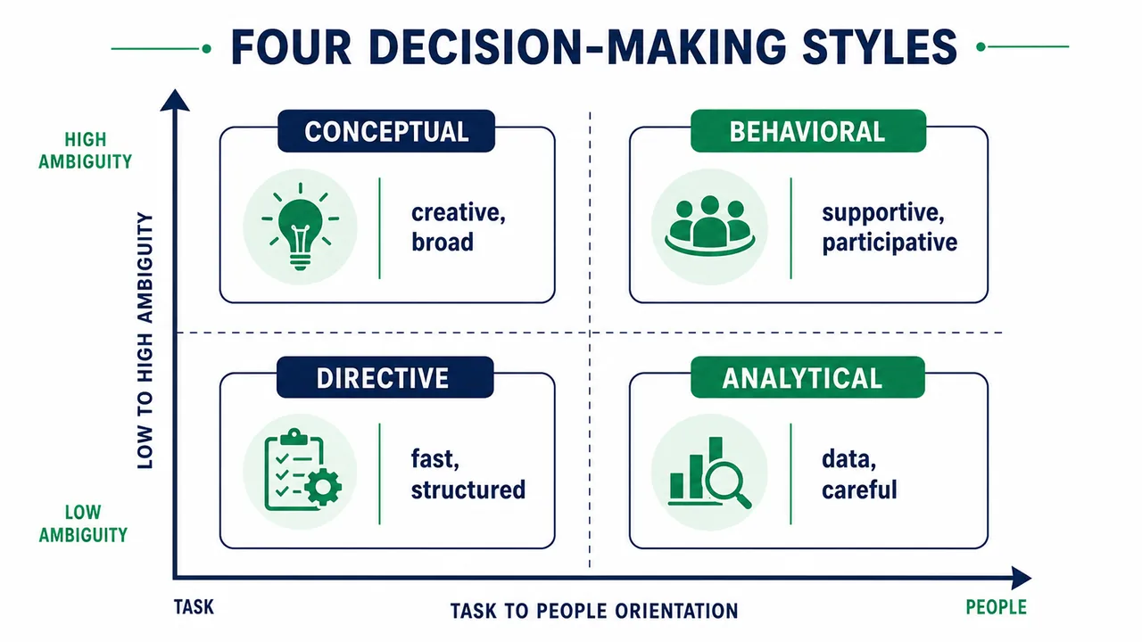 Decision styles matrix showing directive analytical conceptual and behavioral styles across ambiguity tolerance and task to people orientation