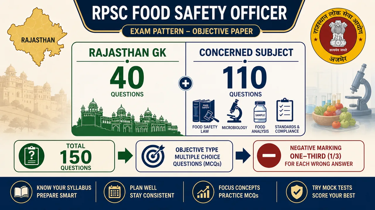 RPSC Food Safety Officer exam map showing Rajasthan General Knowledge and concerned subject weightage for the Rajasthan Public Service Commission exam