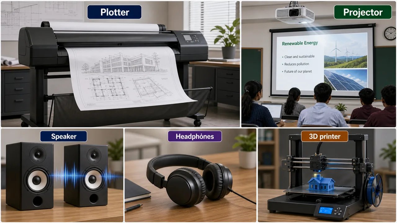 Advanced output devices showing plotter projector speakers headphones and 3D printer