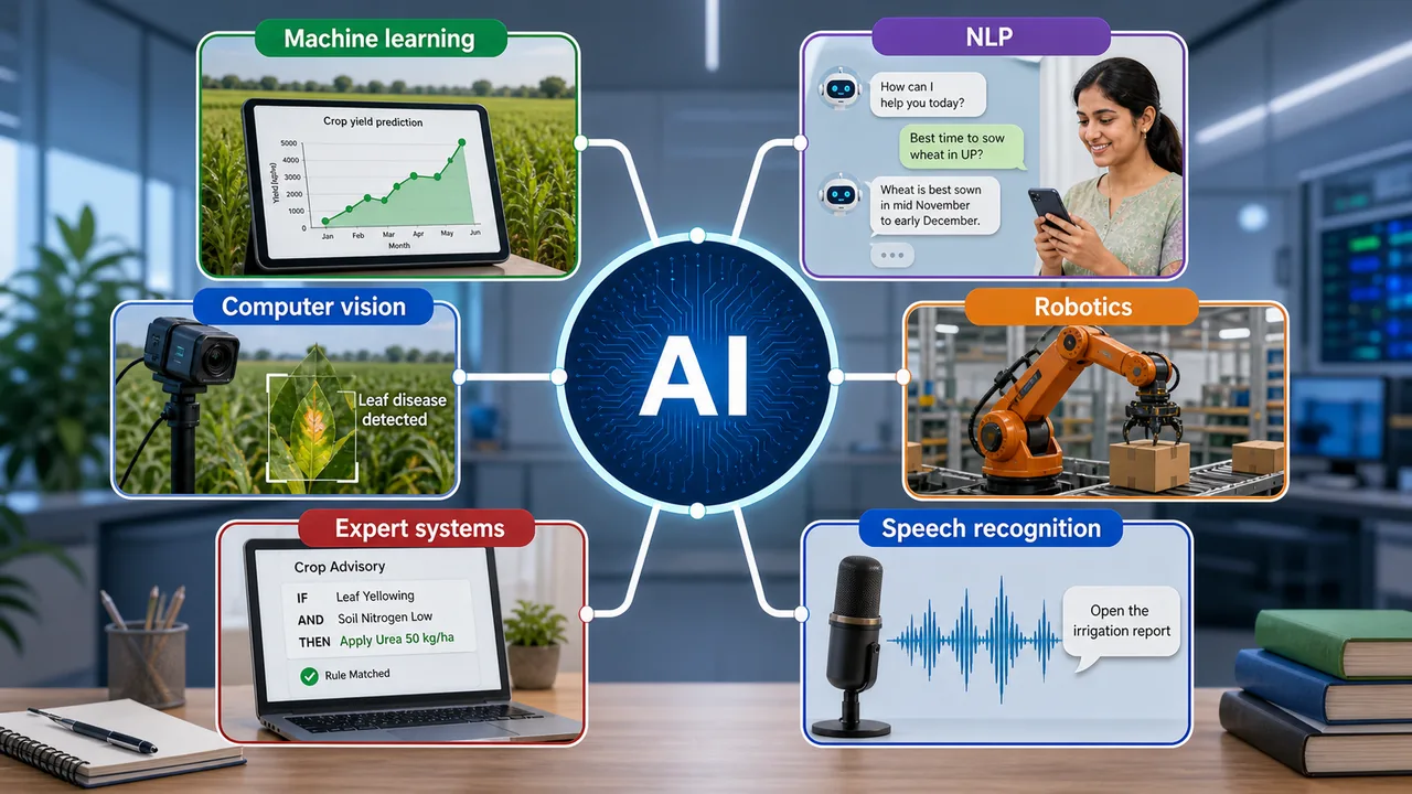 Branches of artificial intelligence showing machine learning NLP computer vision robotics expert systems and speech recognition with examples