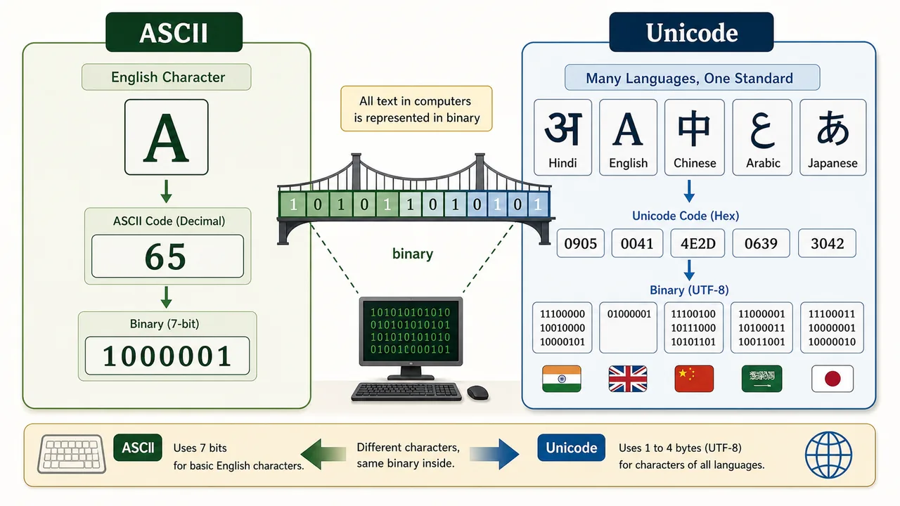 ASCII and Unicode character encoding showing English and Hindi text represented as binary for UPSSSC AGTA