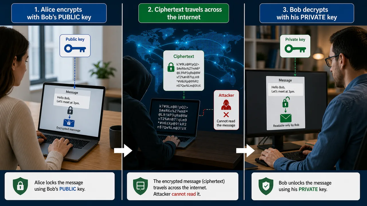 Asymmetric encryption using public key and private key for UPSSSC AGTA cybersecurity lesson
