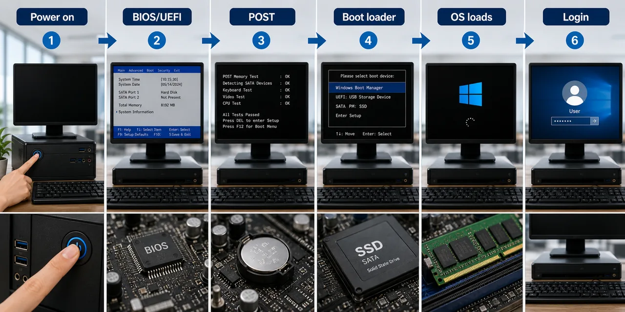 Boot process showing power on BIOS or UEFI POST boot loader operating system load and login screen