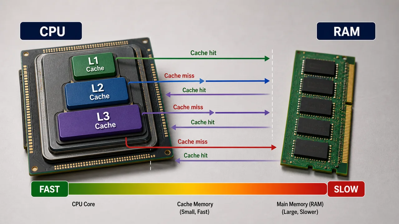 Cache levels L1 L2 and L3 between CPU and RAM showing cache hit and cache miss flow
