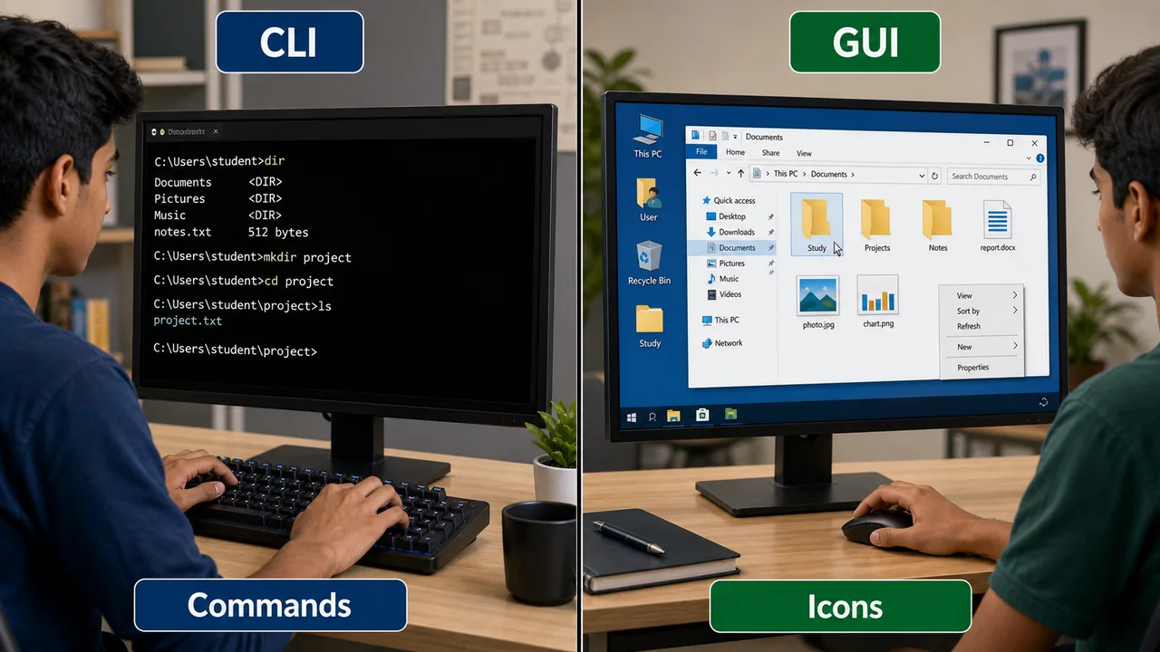 CLI and GUI comparison showing typed commands on one side and icon based windows interface on the other