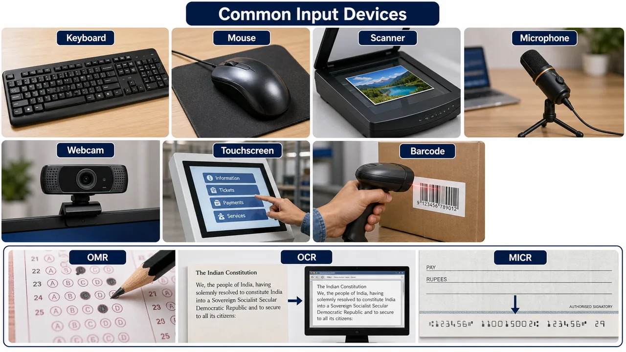 Common input devices including keyboard mouse scanner microphone webcam touchscreen barcode reader and OMR OCR MICR examples