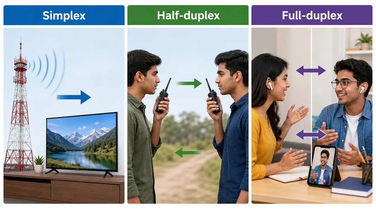 Simplex half-duplex and full-duplex communication modes with TV walkie-talkie and video call examples