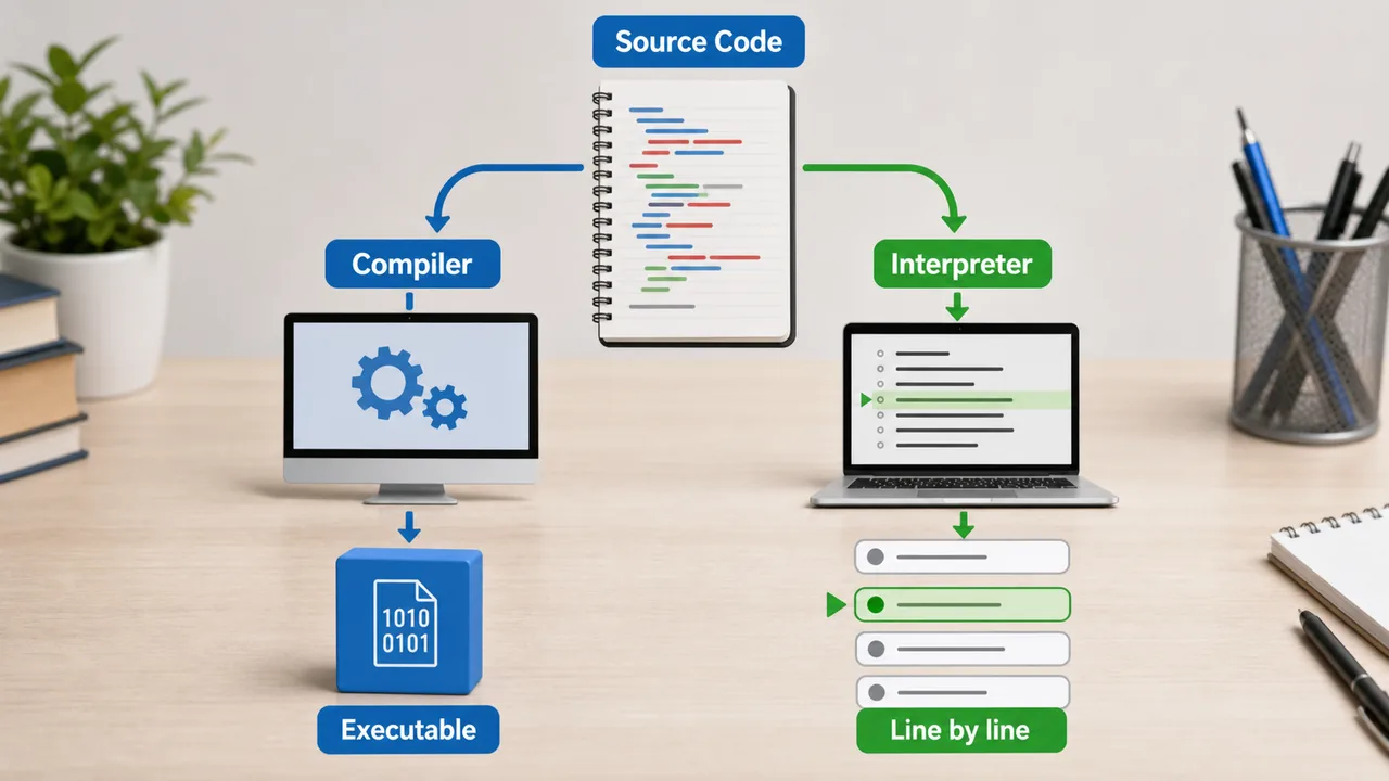 Compiler versus interpreter showing whole program translation and line by line execution for programming languages