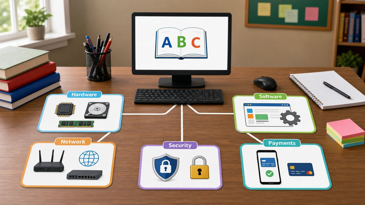 Computer abbreviation categories for hardware software networking security and digital payments