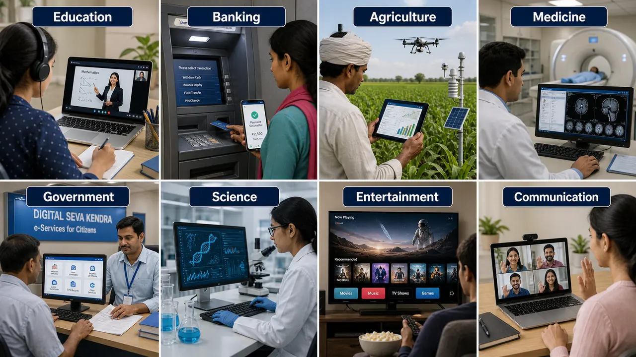 Applications of computers in education banking agriculture medicine government science entertainment and communication