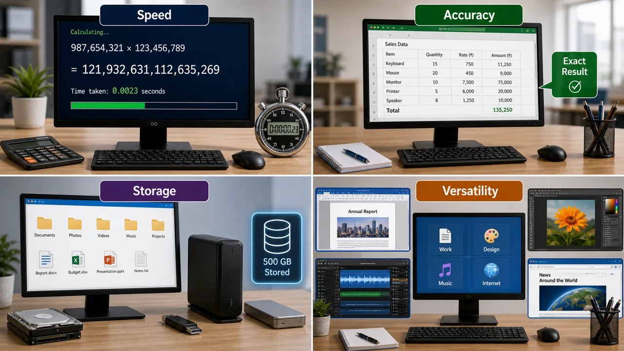 Computer characteristics showing speed accuracy storage and versatility through realistic examples