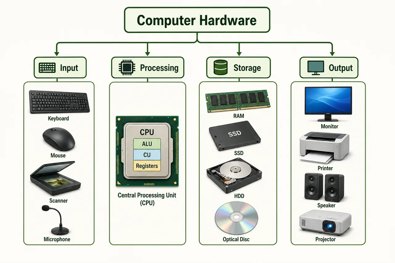 Computer hardware classification showing input processing storage and output devices for UPSSSC AGTA computer fundamentals