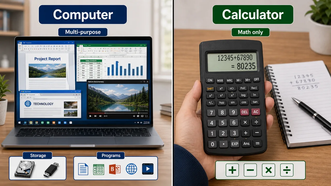 Computer compared with calculator showing multi-purpose programs versus math only calculations