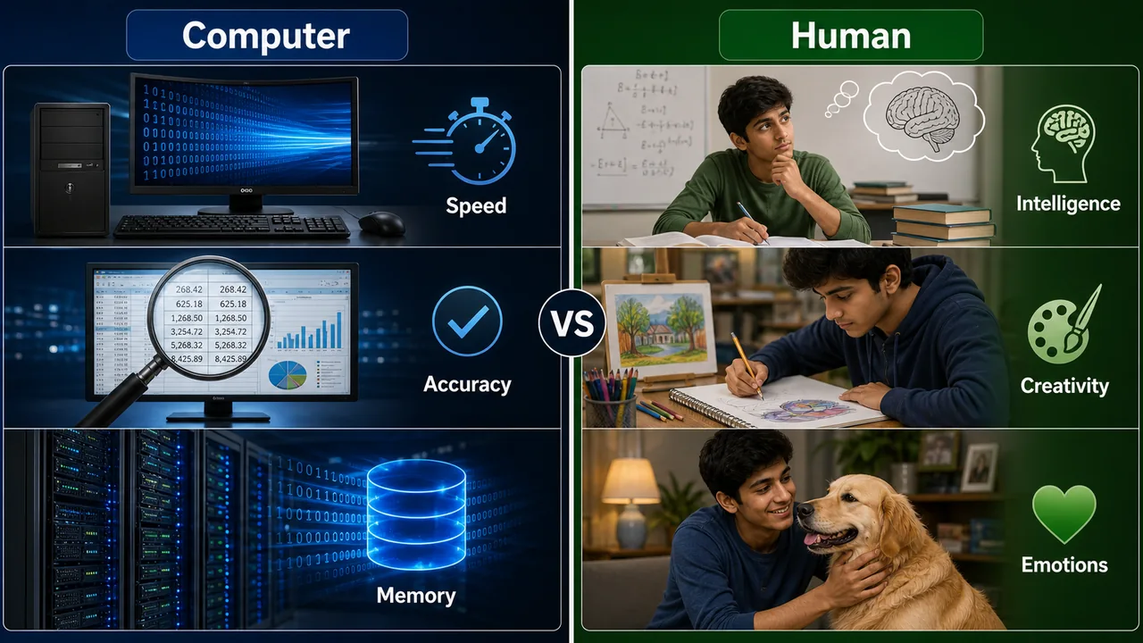Computer versus human comparison showing speed accuracy and memory against intelligence creativity and emotions