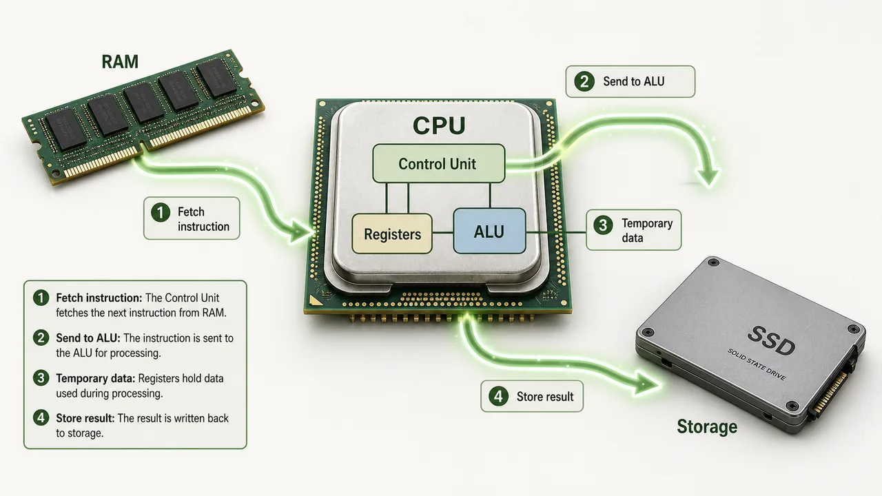 CPU instruction cycle flow between RAM ALU control unit and storage