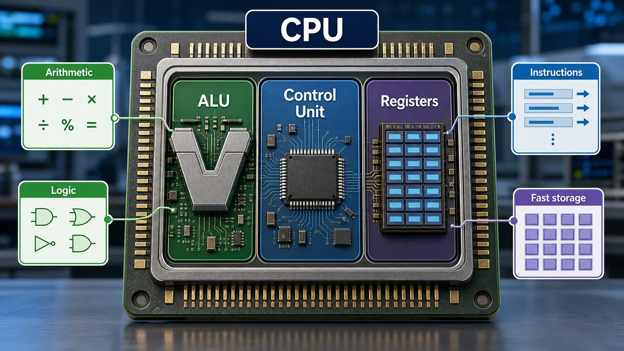 CPU showing ALU control unit and registers with their main functions for UPSSSC AGTA computer knowledge