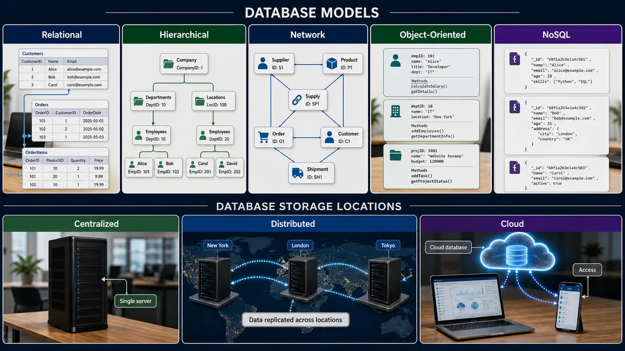 Database models relational hierarchical network object oriented NoSQL and storage locations centralized distributed cloud for UPSSSC AGTA