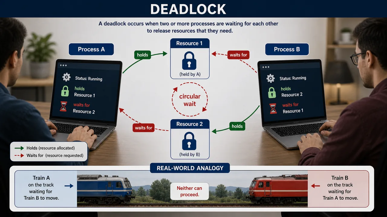 Deadlock circular wait with process A and process B holding and waiting for two resources for UPSSSC AGTA operating system lesson