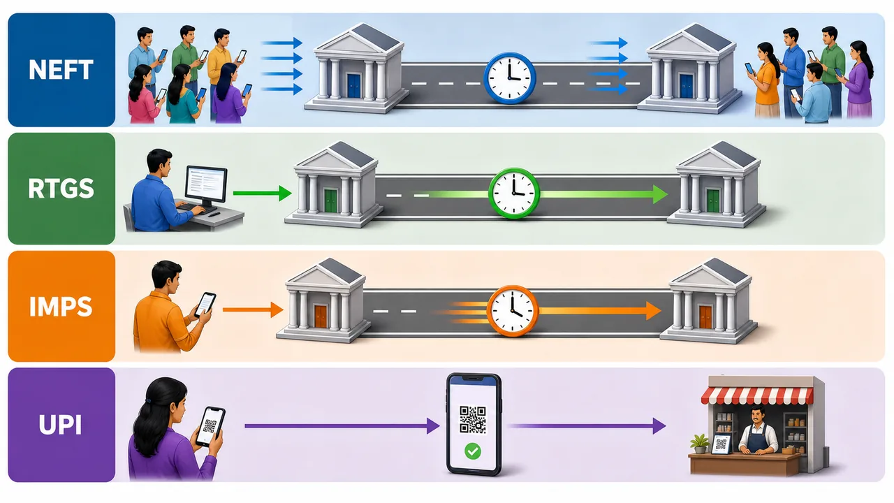 NEFT RTGS IMPS and UPI digital payment systems comparison by transfer flow