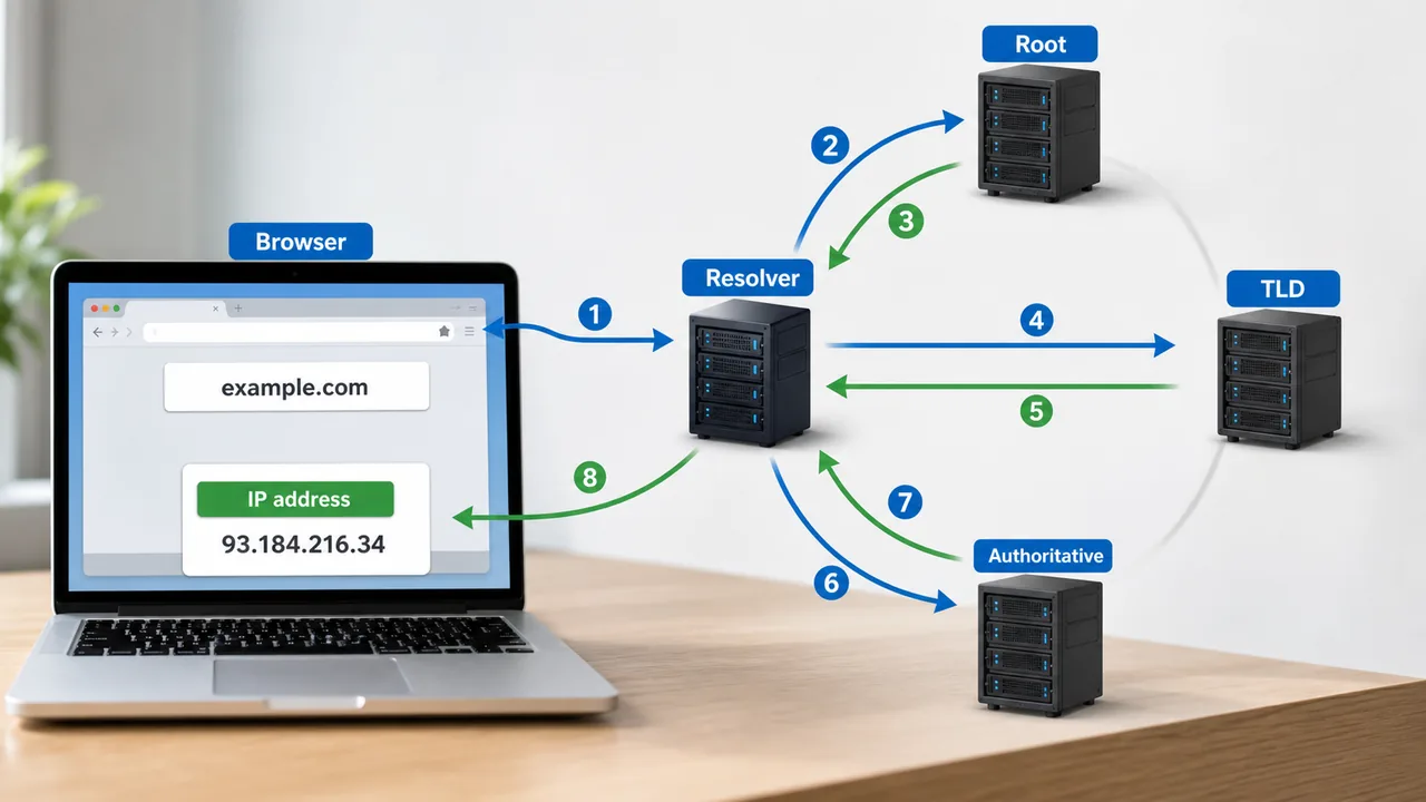 DNS resolution process from browser to resolver root TLD authoritative server and IP address