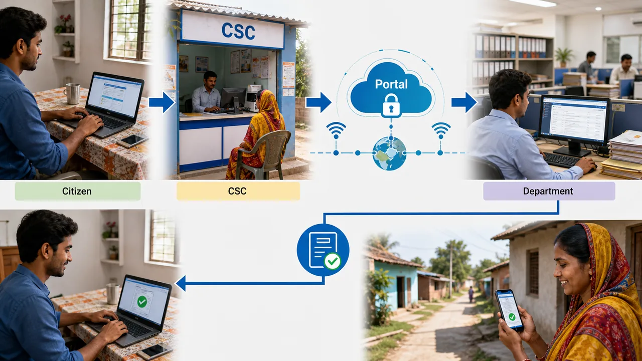 E-governance service flow from citizen and Common Service Centre to secure portal and department