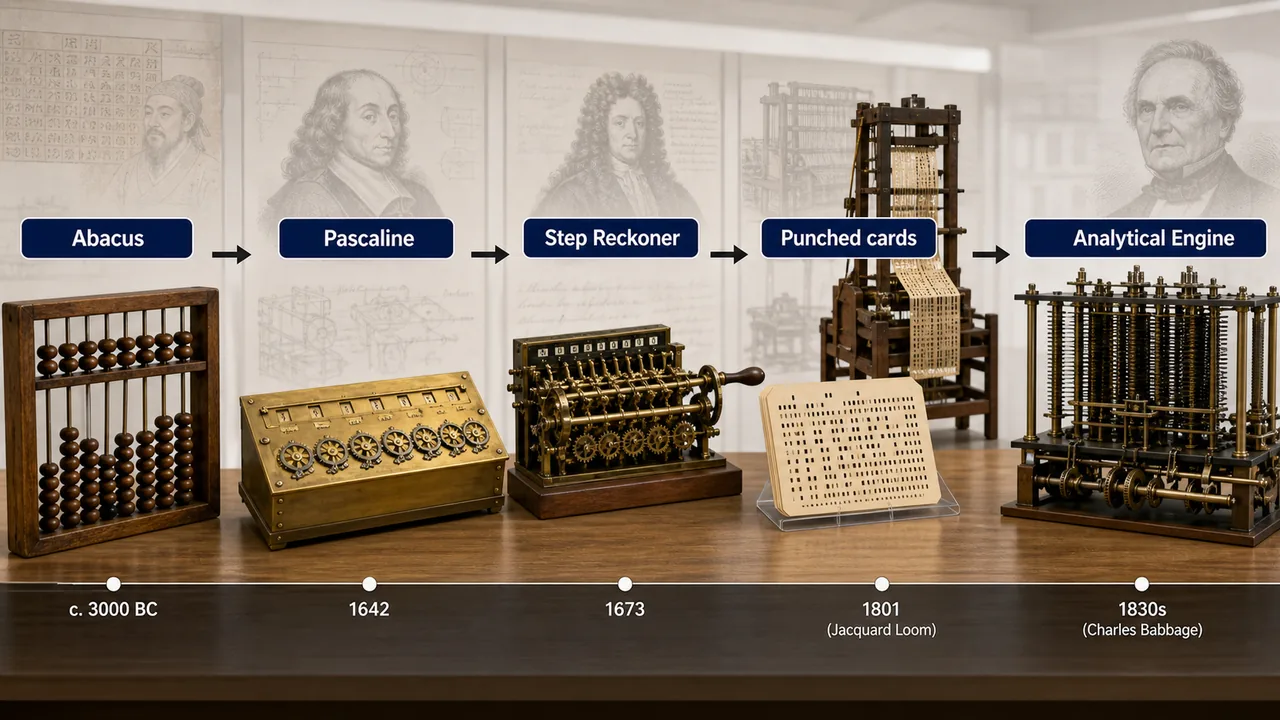 Early computing devices timeline showing abacus pascaline step reckoner punched cards and analytical engine