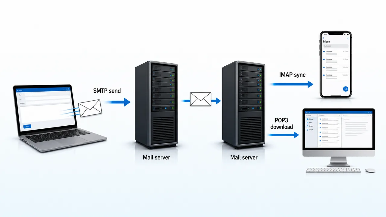 Email protocol flow showing SMTP for sending and IMAP POP3 for receiving email