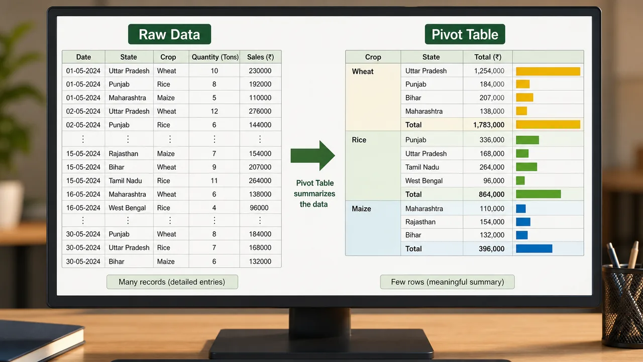 Excel Pivot Table summarizing raw crop data into category totals for UPSSSC AGTA Computer section