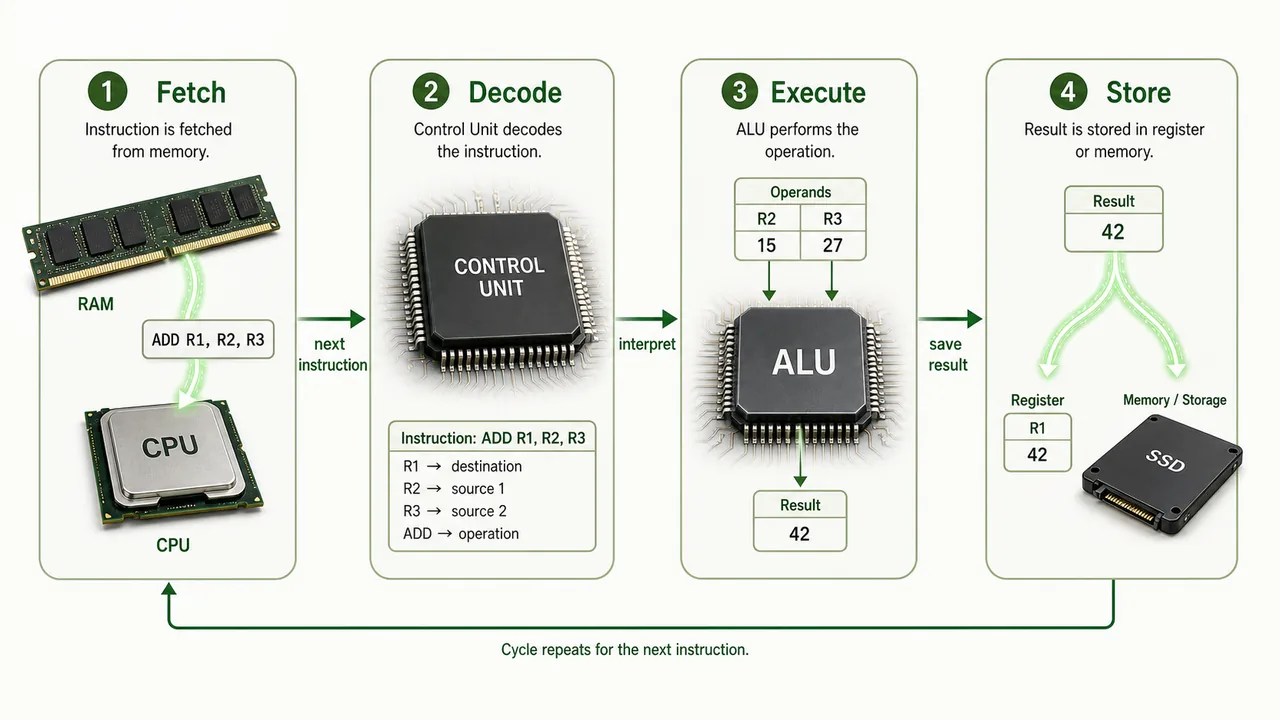 Fetch decode execute store cycle showing RAM control unit ALU and result flow in CPU processing