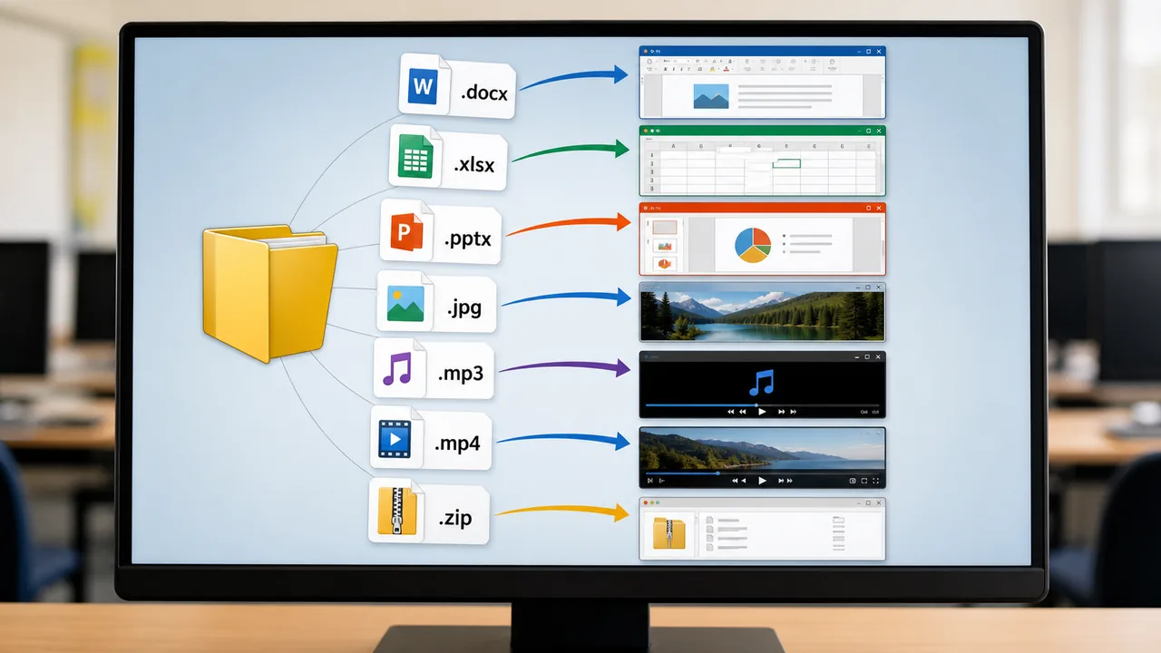 File extensions such as docx xlsx pptx jpg mp3 mp4 and zip opening matching applications