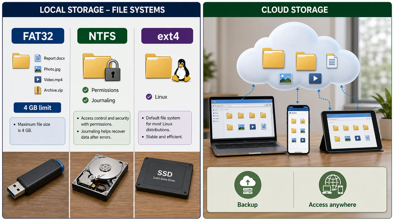 File systems and cloud storage comparison showing FAT32 NTFS ext4 and remote cloud backup access across devices