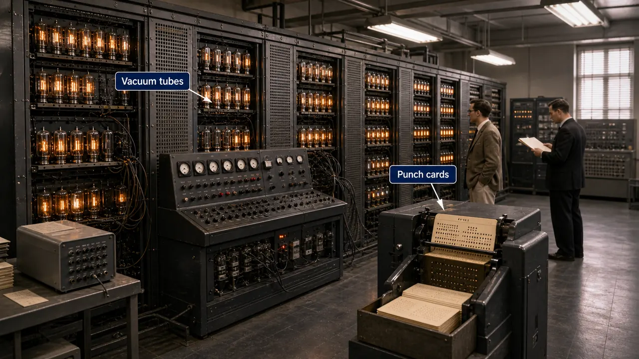 First generation computer room showing vacuum tubes and punch card operation in large electronic cabinets