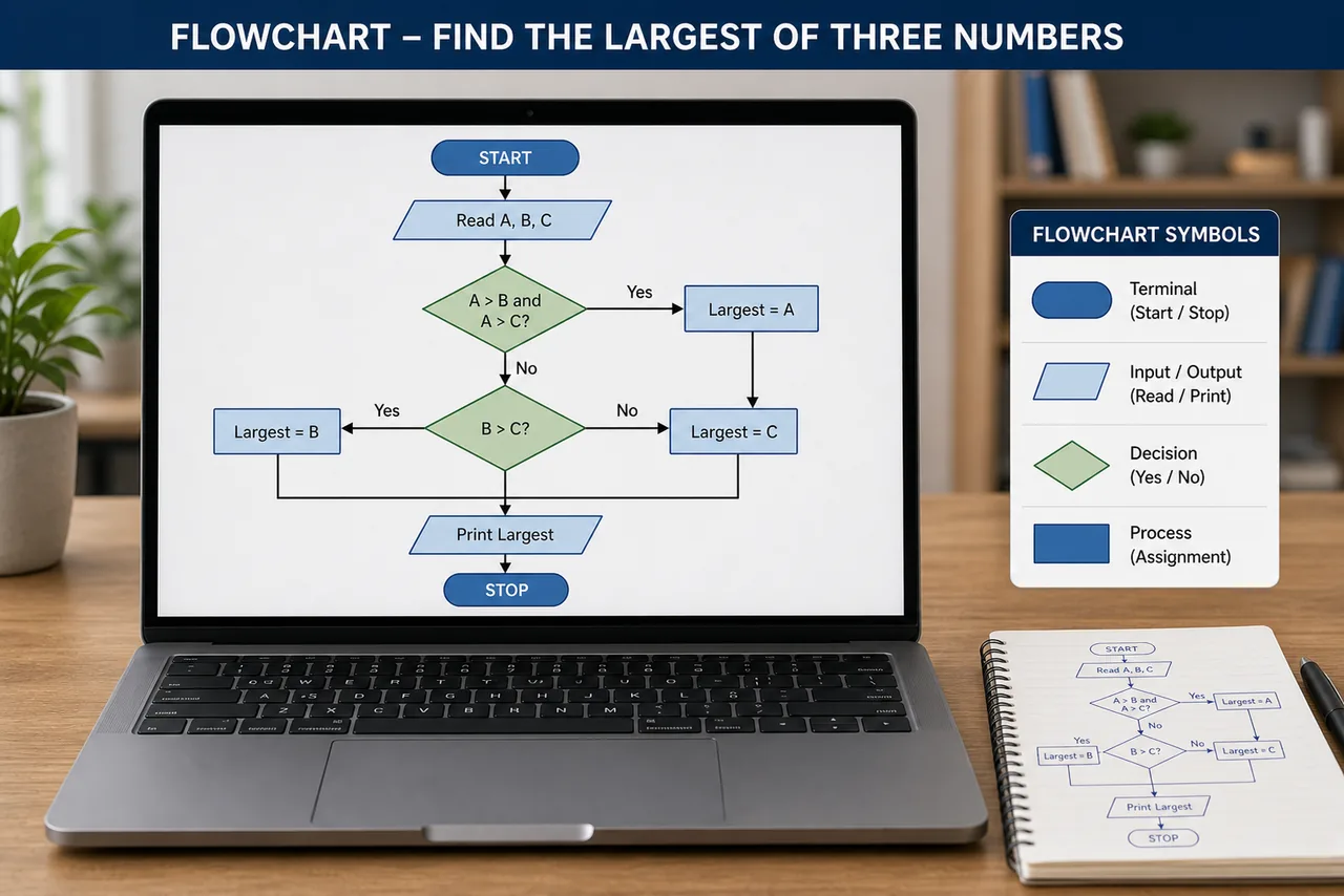 Flowchart for finding the largest of three numbers using standard symbols for UPSSSC AGTA programming lesson