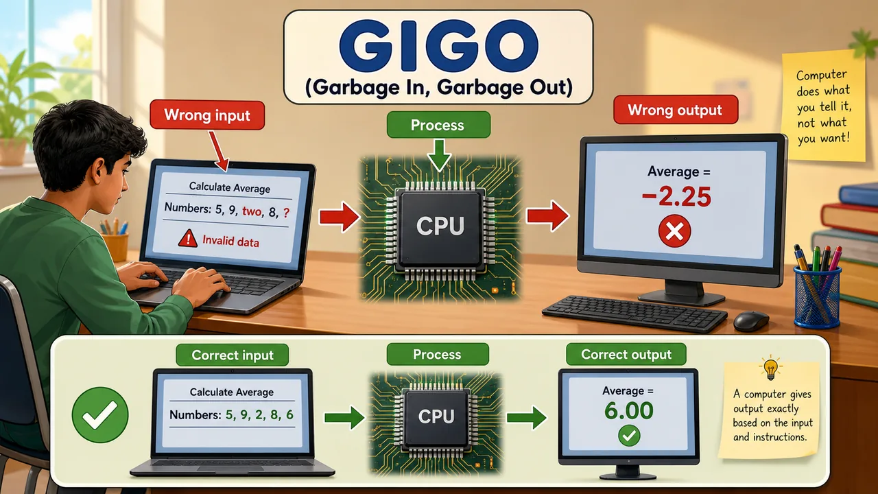GIGO principle in computer showing wrong input process and wrong output for UPSSSC AGTA Computer section