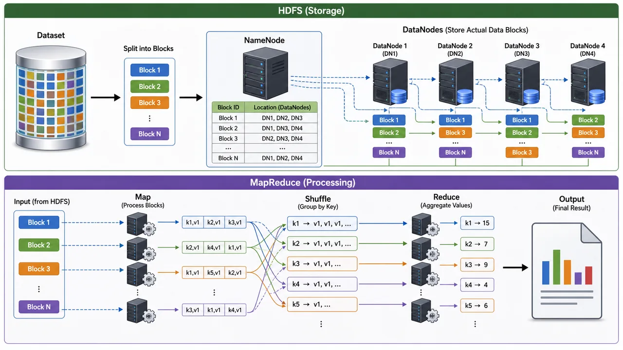 Hadoop HDFS NameNode DataNode and MapReduce processing diagram for UPSSSC AGTA Big Data lesson