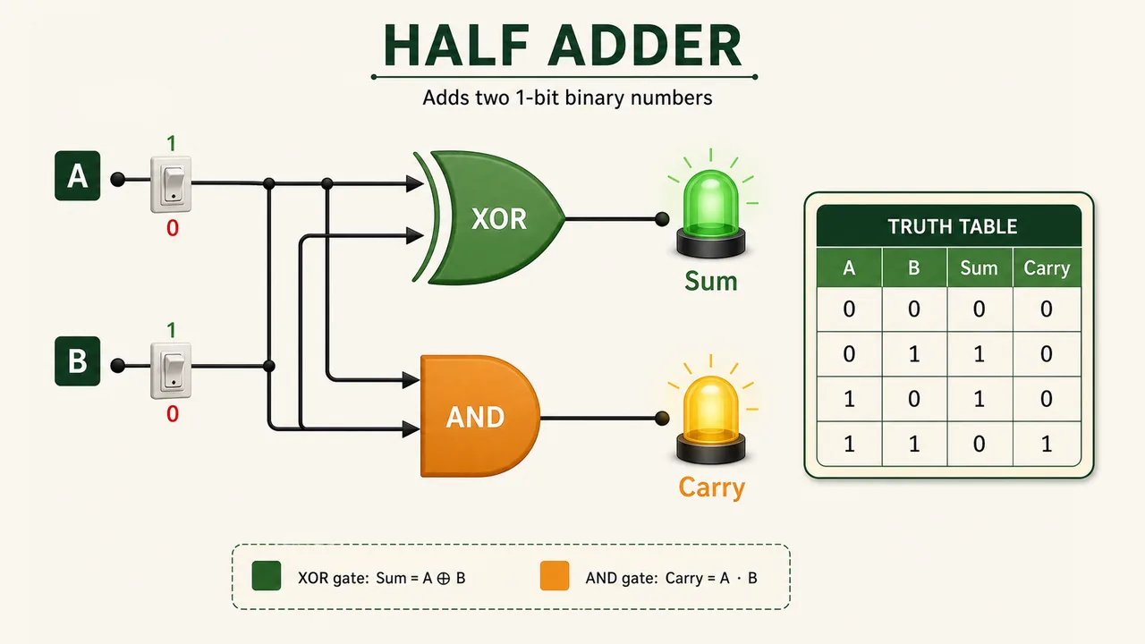 Half adder circuit showing XOR gate for Sum and AND gate for Carry in UPSSSC AGTA logic gates