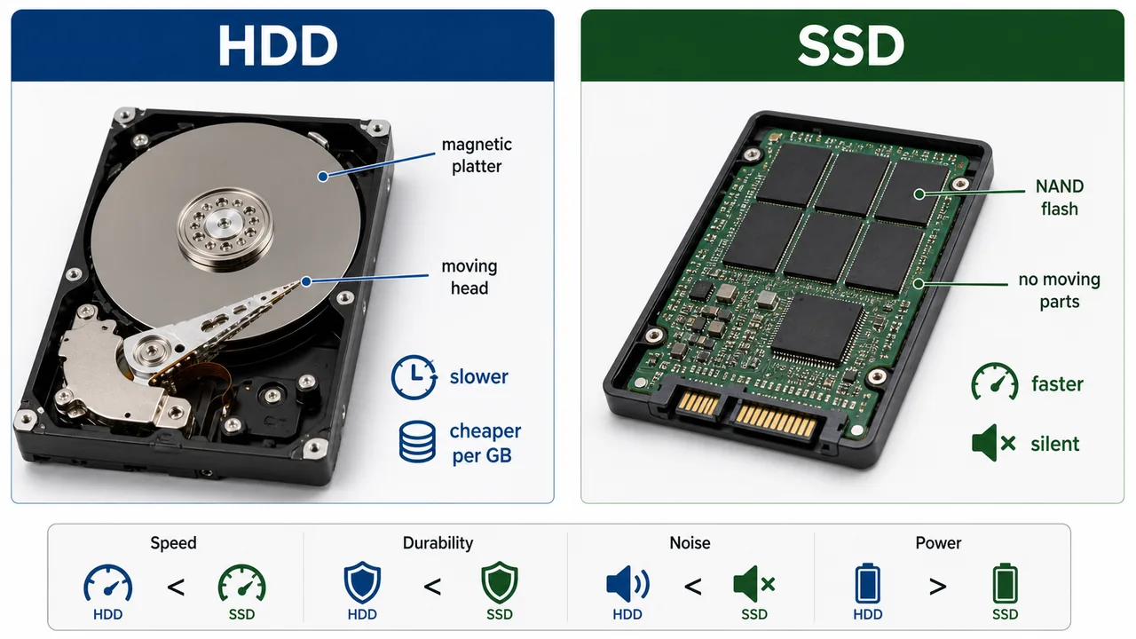 HDD versus SSD storage technology showing magnetic platter and NAND flash chips for UPSSSC AGTA Computer section