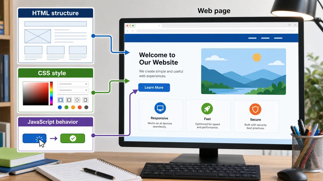 HTML CSS and JavaScript roles showing structure style and behavior in a web page