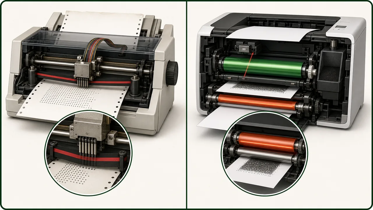 Impact dot matrix printer and non impact laser printer mechanism comparison