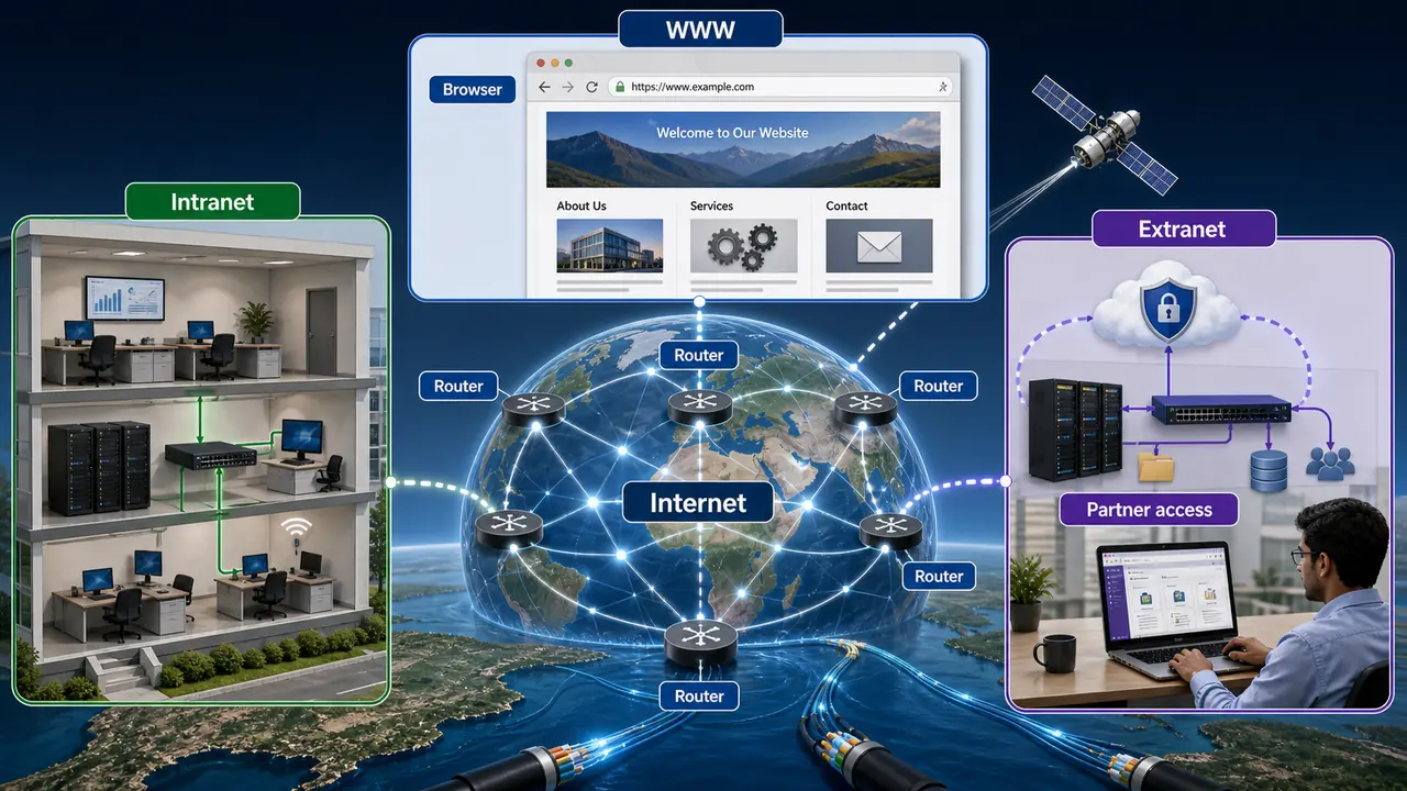 Internet WWW intranet and extranet comparison showing global network browser based web pages private office network and partner access