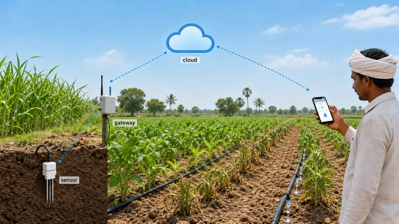 IoT smart irrigation architecture with soil moisture sensor gateway cloud and mobile app for agriculture