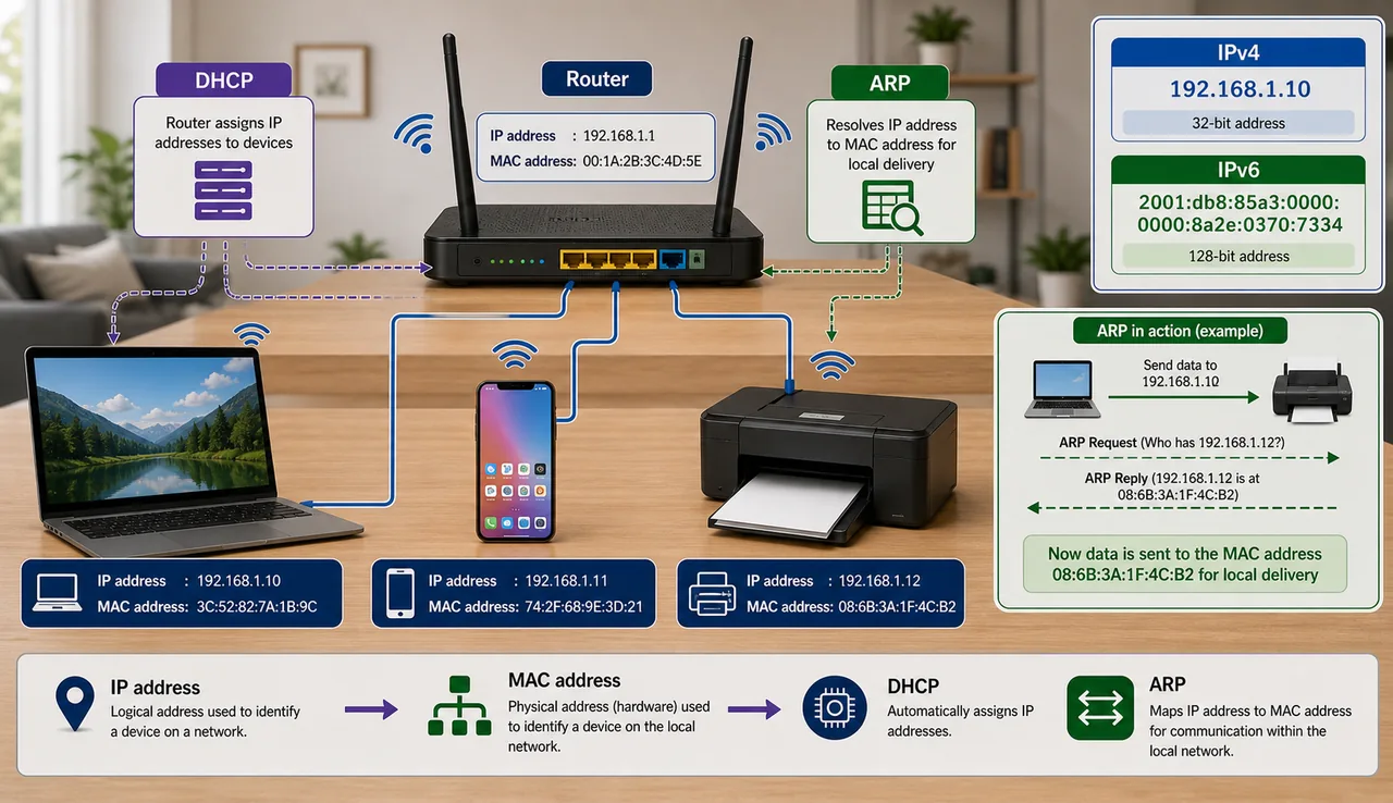IP address MAC address DHCP ARP and IPv4 IPv6 overview for UPSSSC AGTA networking lesson