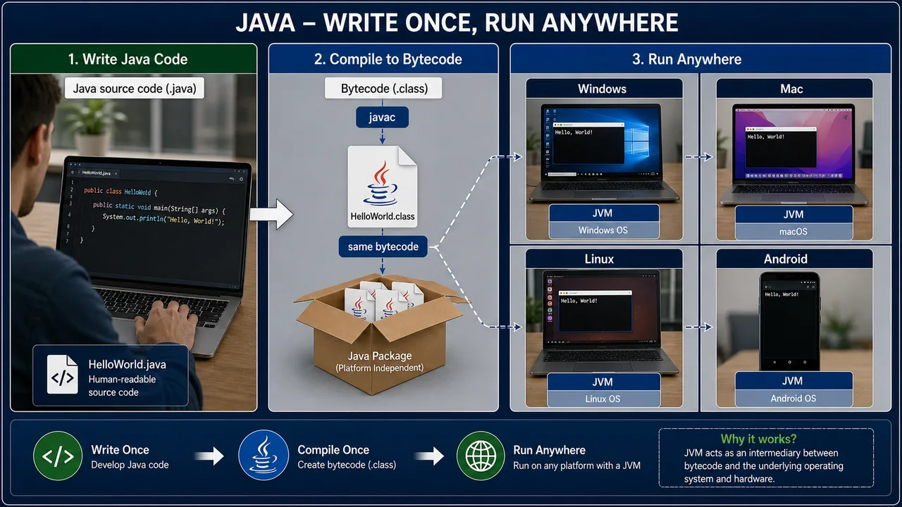Java write once run anywhere concept with source code bytecode JVM and multiple platforms for UPSSSC AGTA lesson